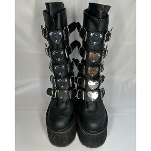 Demonia Swing 230 Black Platform Boots with Heart Buckles